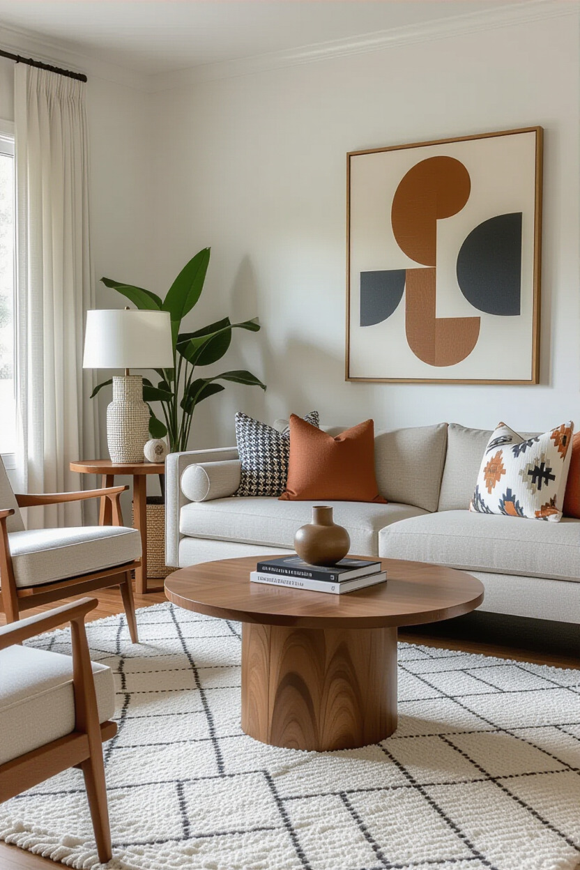 Geometric patterned textiles in Mid Century Modern decor