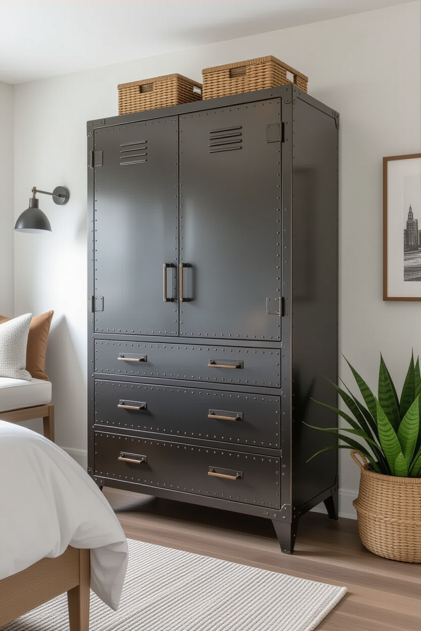 Industrial-style almirah in a modern bedroom