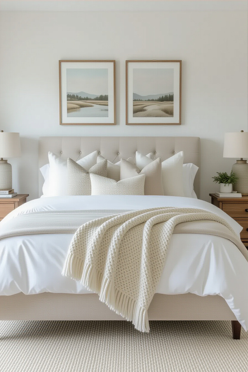 Layered textiles on a bed with decorative pillows and a throw blanket