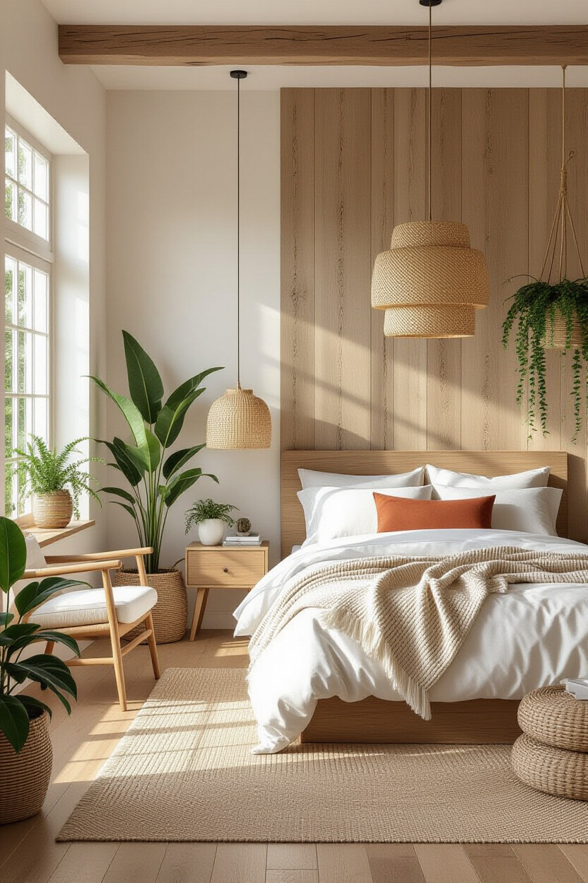 Bedroom with natural wood and plants