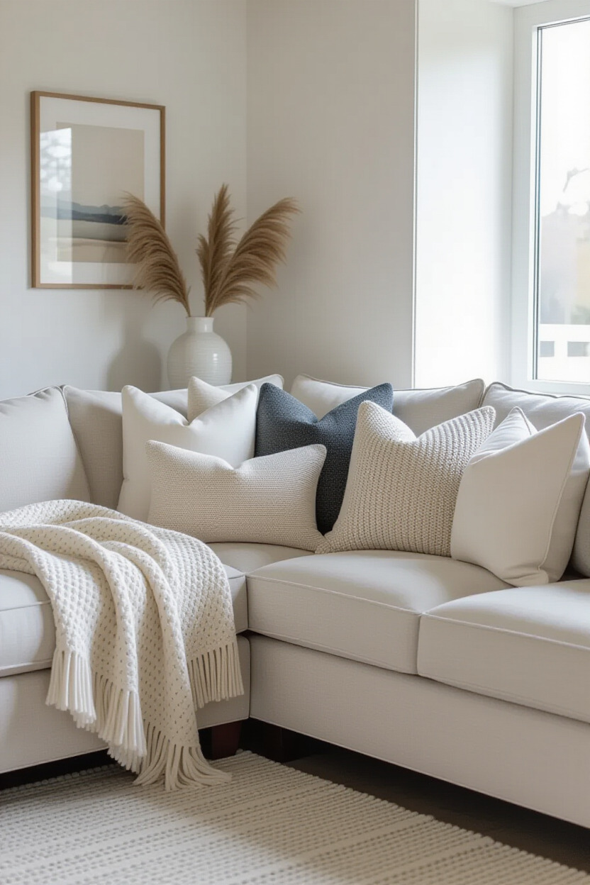 Decorative accessories around L shape sofa