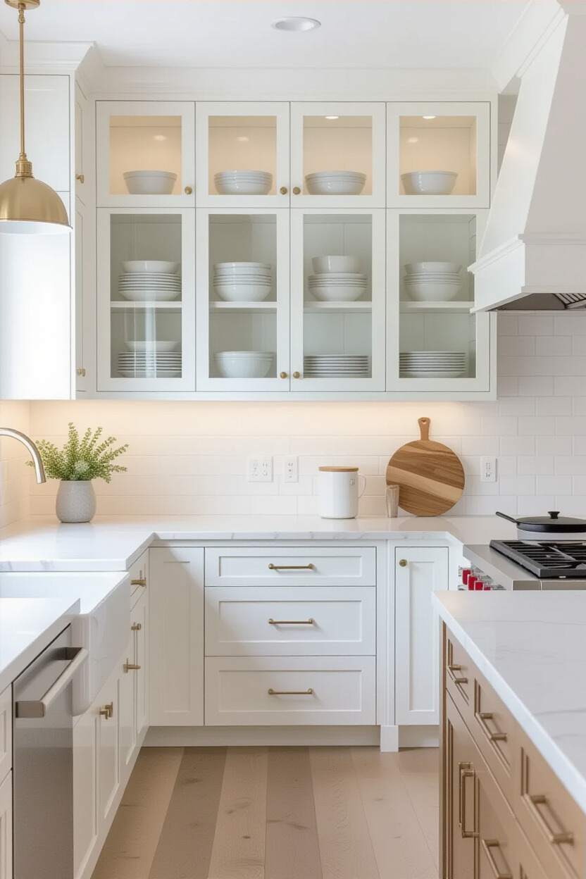 Open kitchen cabinets displaying dishware
