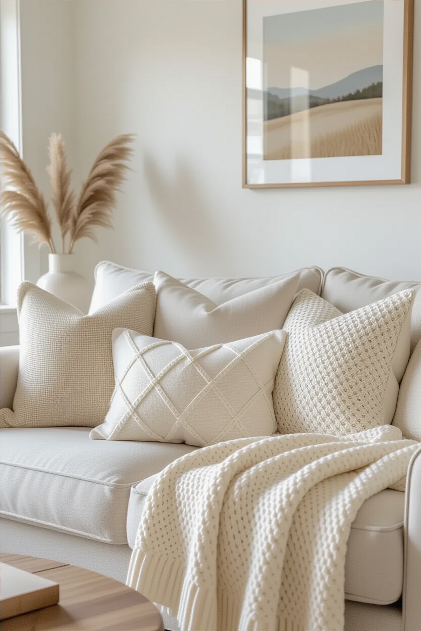 Personalized throw pillows and blankets on a sofa