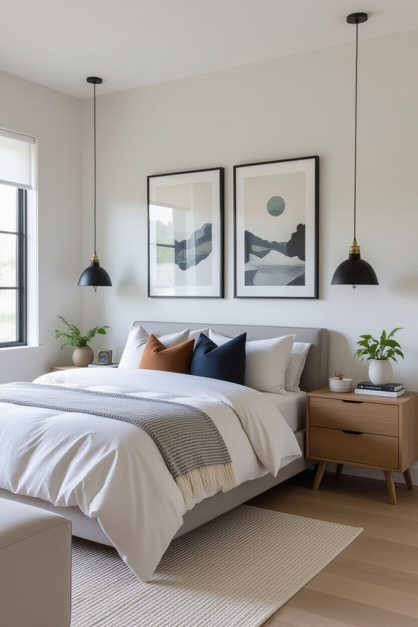 Loft bedroom with artistic wall displays