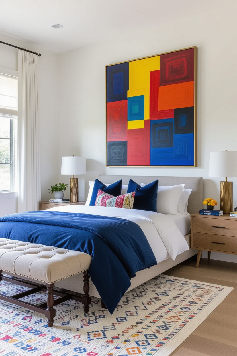 Artistic master bedroom with unique artwork
