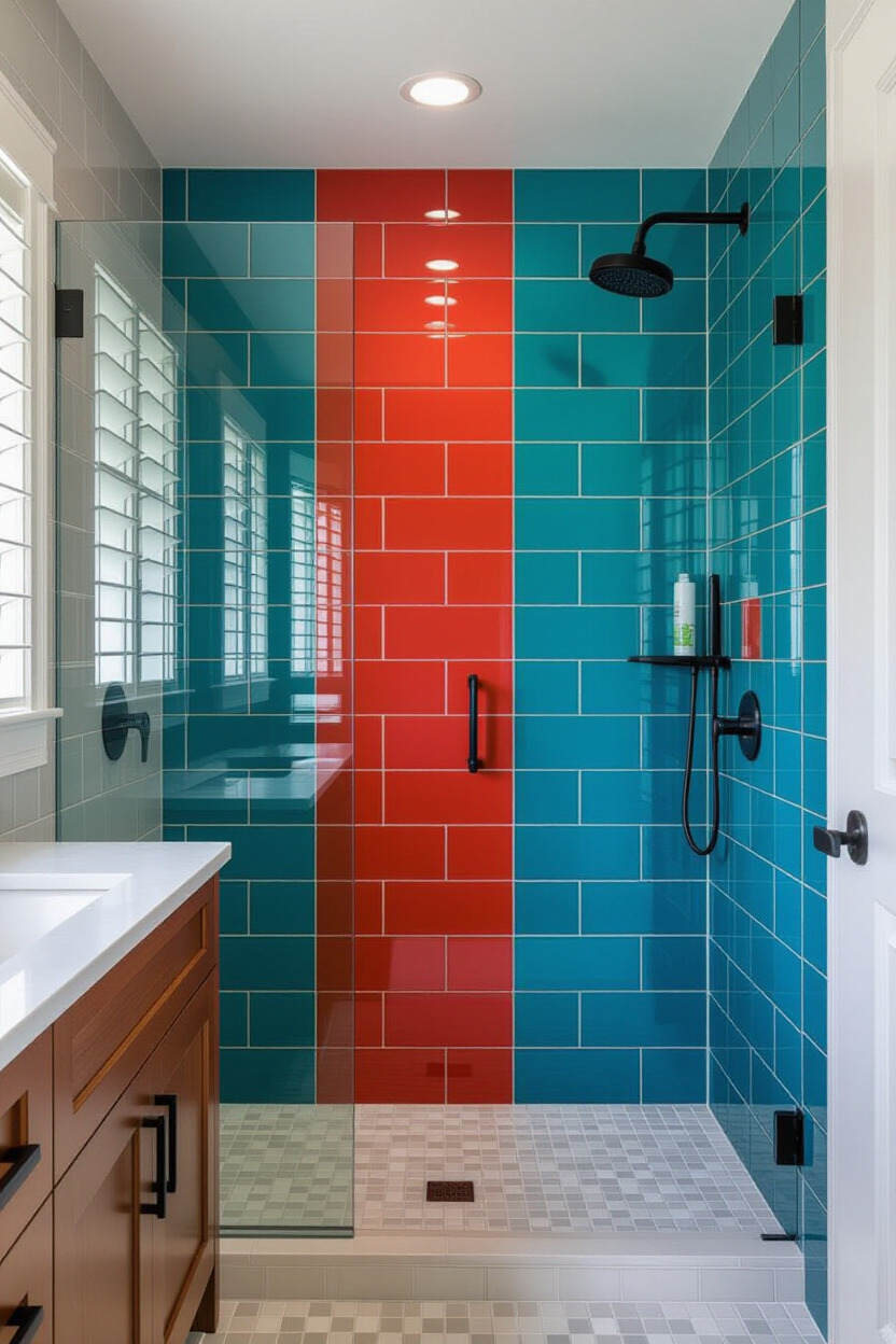 Shower with bold colored tiles