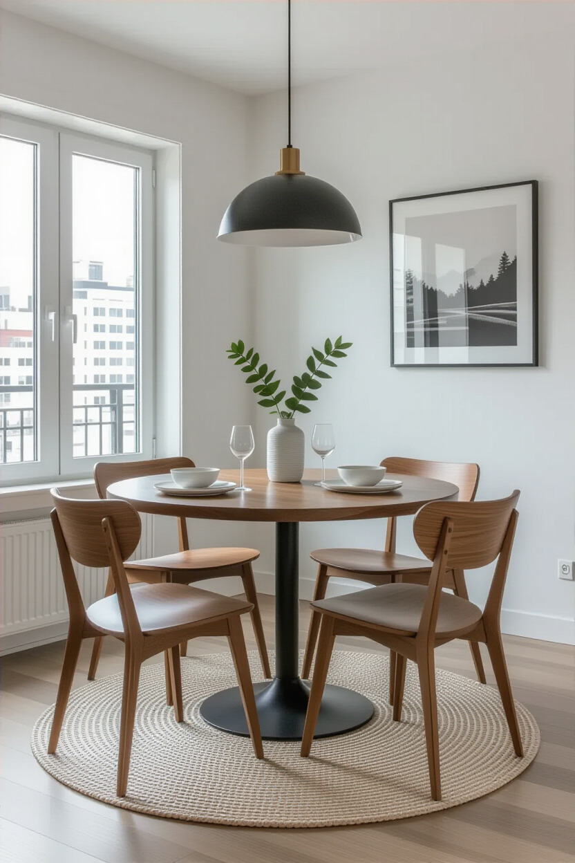 Space-saving dining table and chairs in an apartment