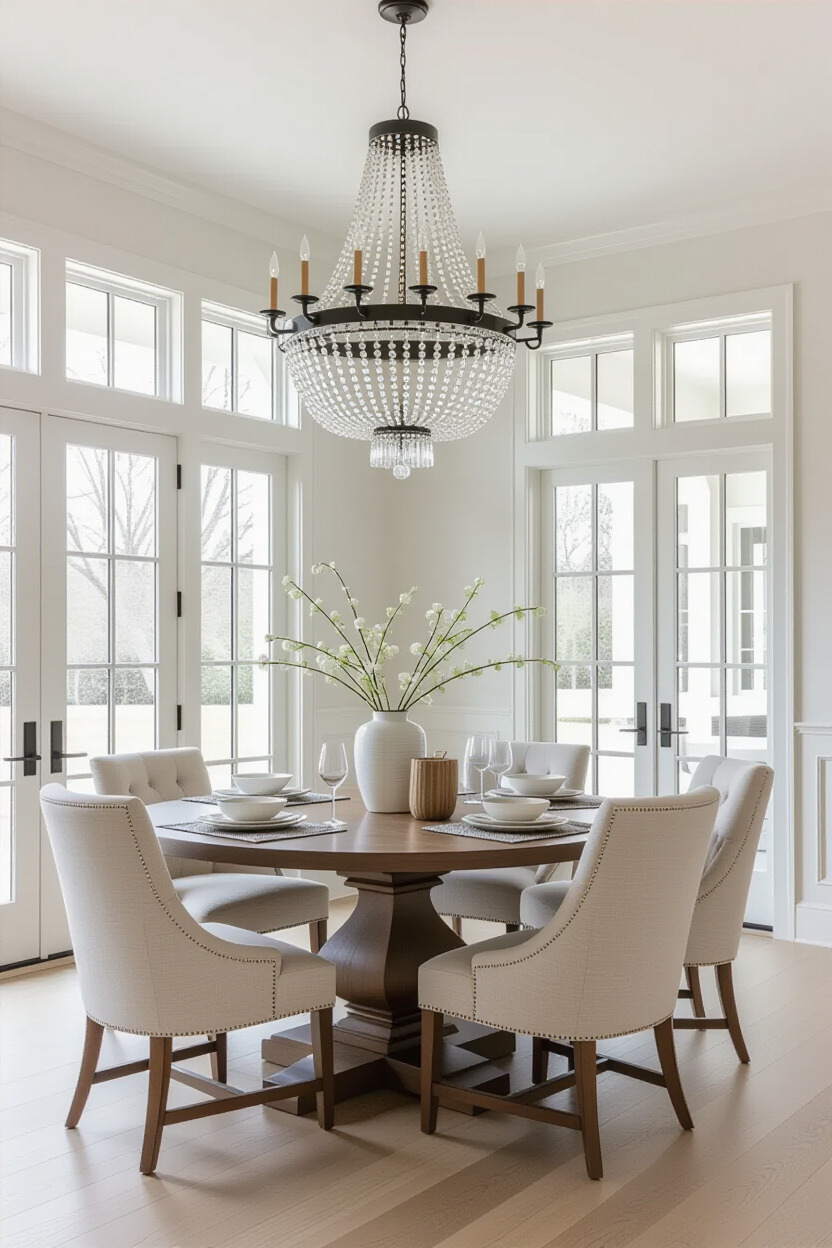 Dining room with a striking chandelier.