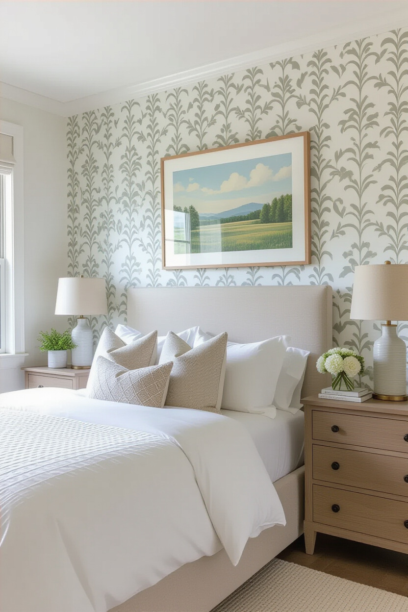 Soft patterned wallpaper in a bedroom
