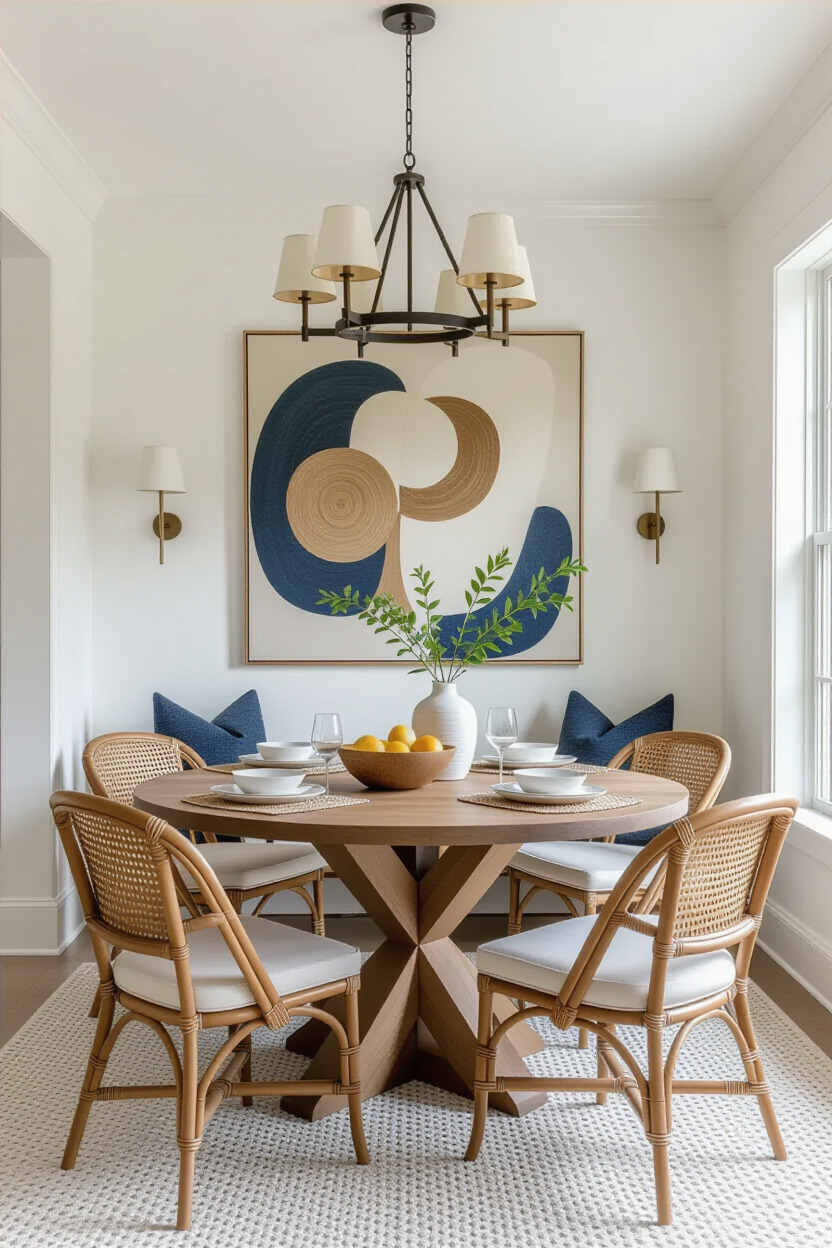 Dining room featuring artistic wall decor.