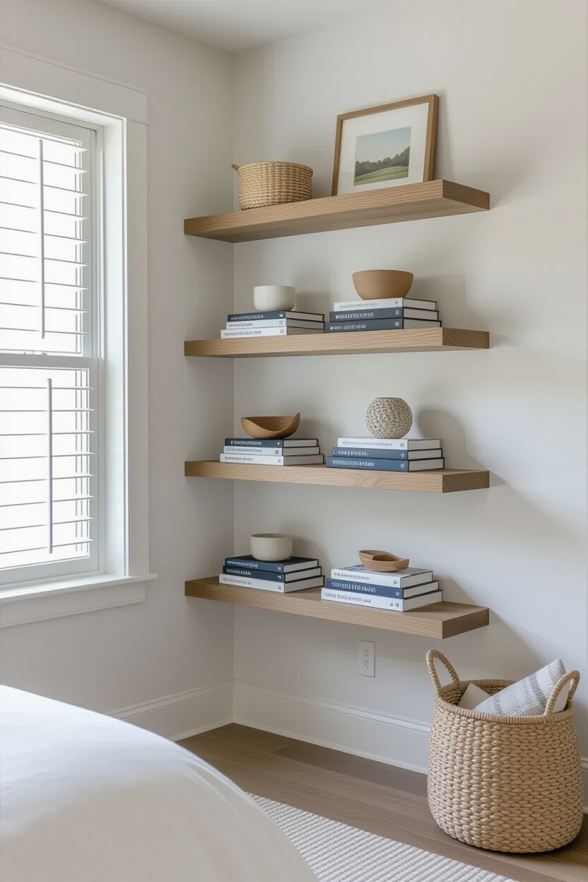 Wall-mounted shelves in bedroom decor