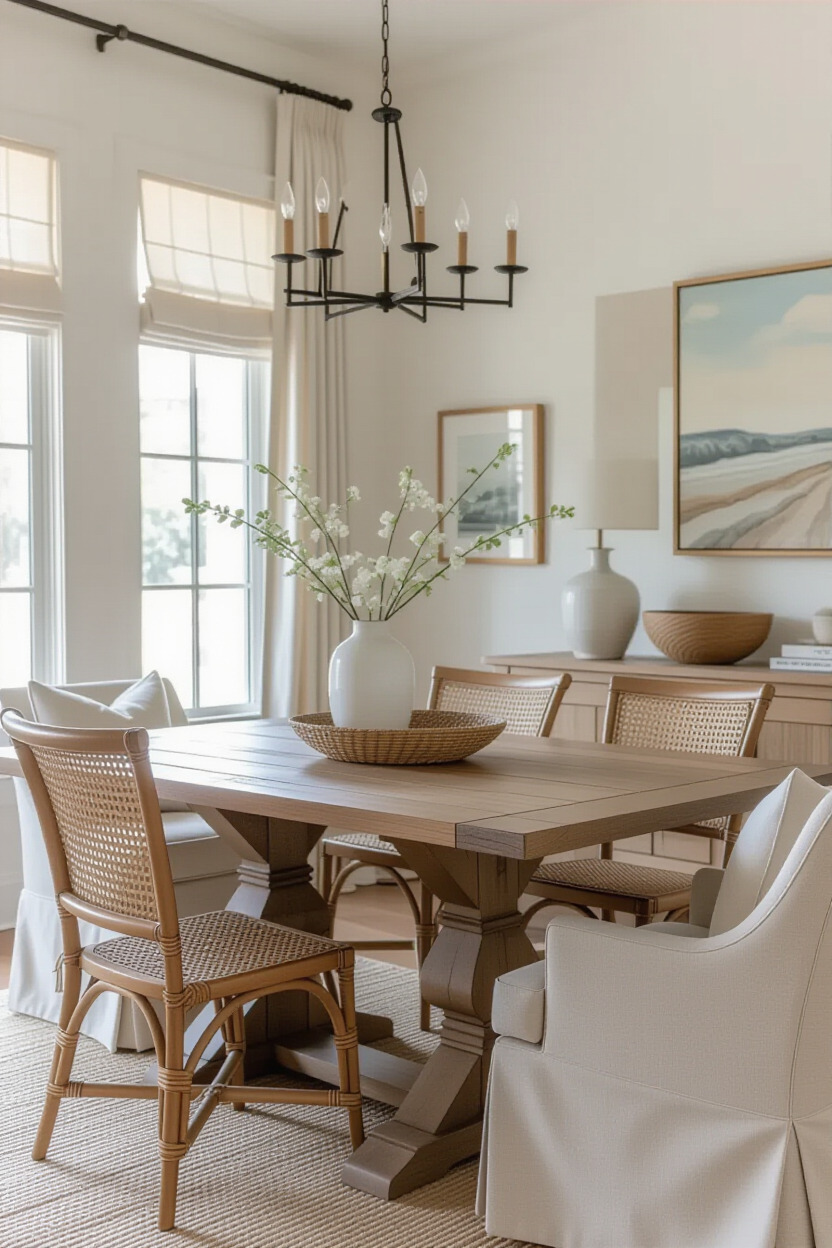 Dining room with layered textures and fabrics
