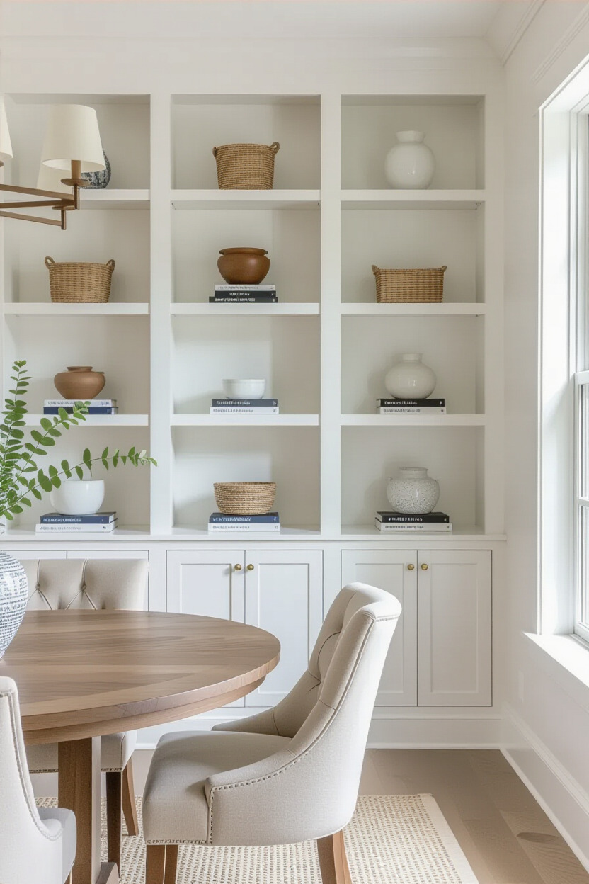 Elegant built-in shelving in dining area