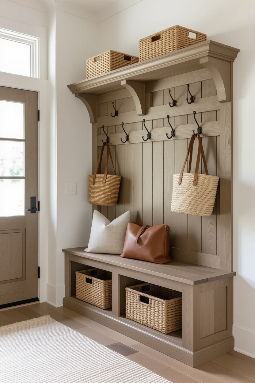 Organized entryway with hooks and storage solutions