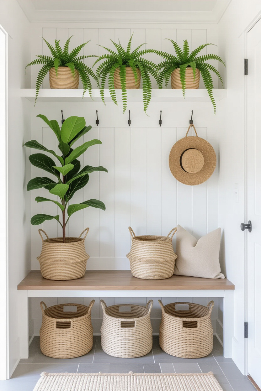 Plants as decor in mudroom