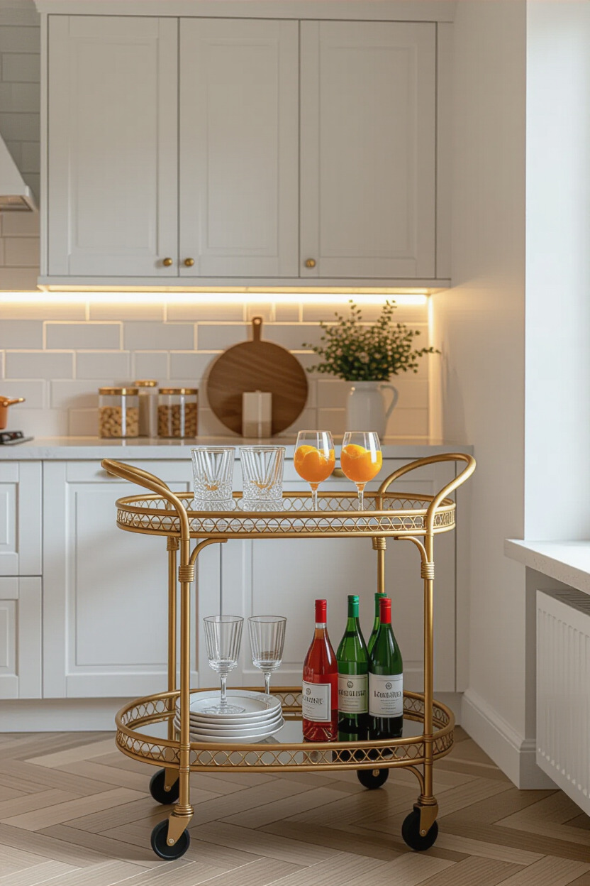 Decorative bar cart in a kitchen