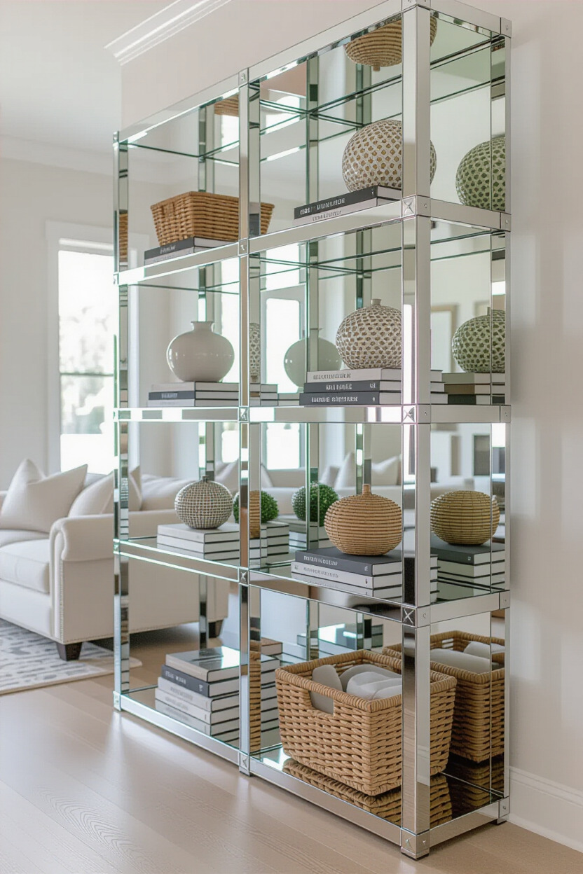 Mirrored shelves displaying decor items