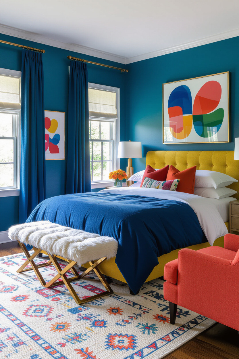 Bold colored master bedroom with vibrant decor
