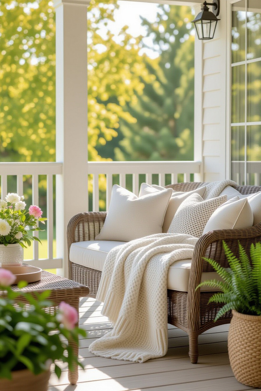 Soft throws draped over terrace furniture