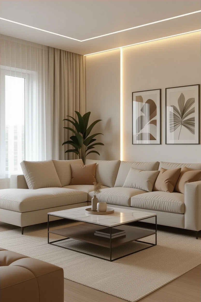 L shape sofa with layered lighting setup
