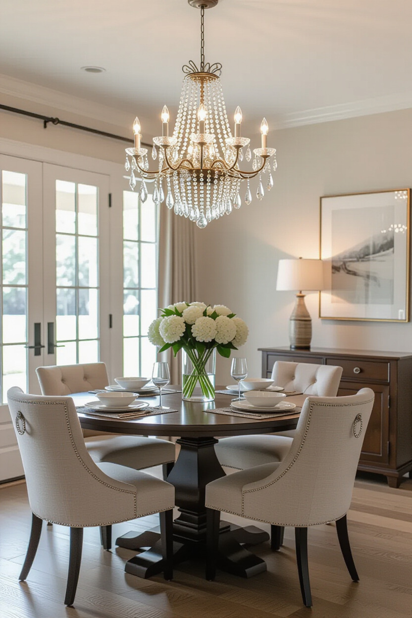 Dining room featuring dramatic lighting fixtures