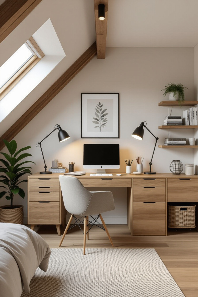Loft bedroom with a functional workspace