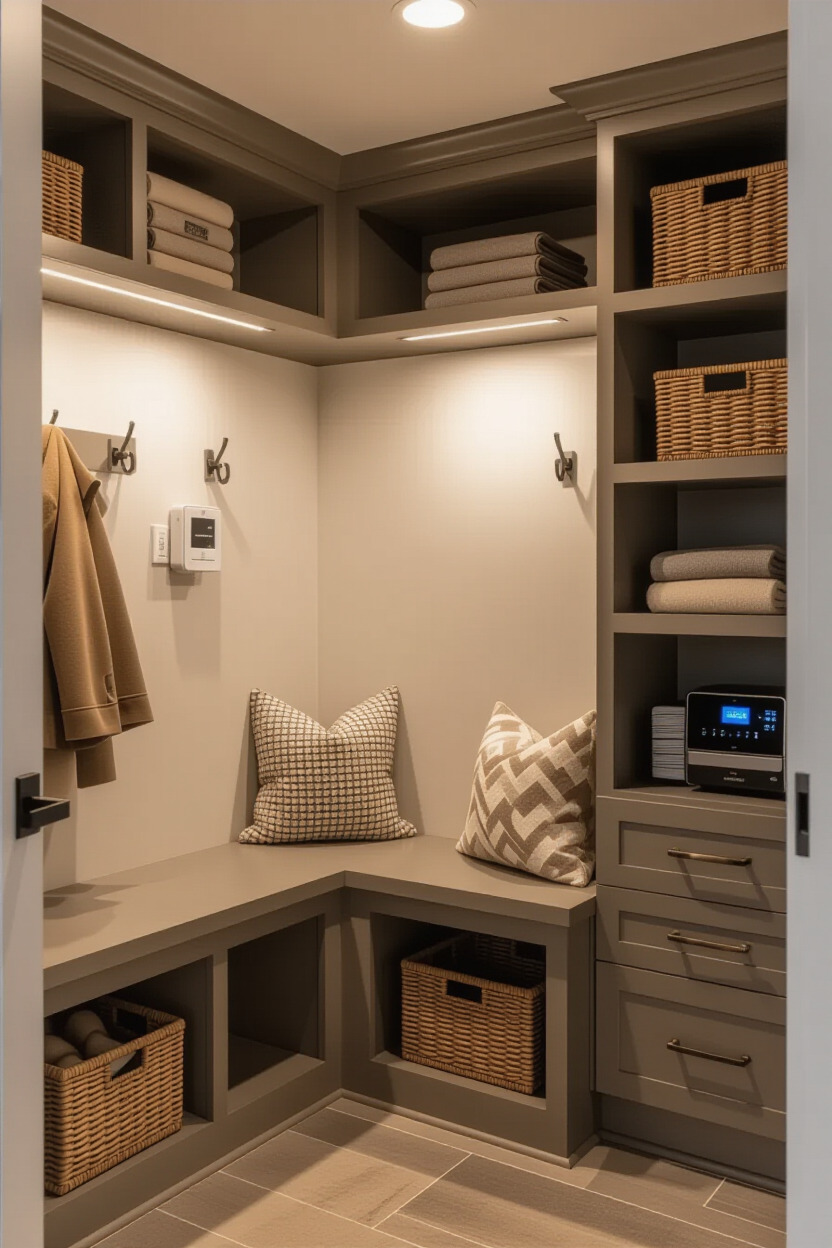 Smart technology features in mudroom