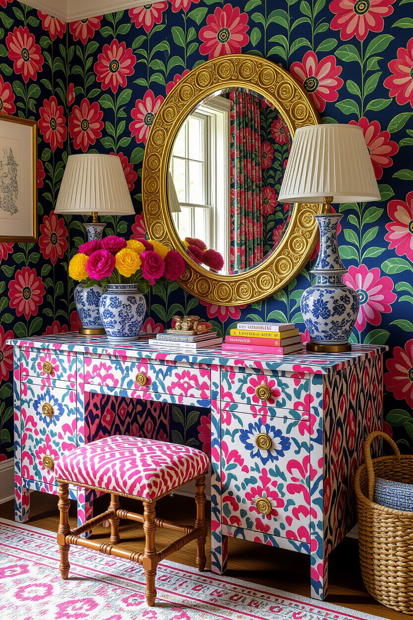 Dressing table with bold patterned decor