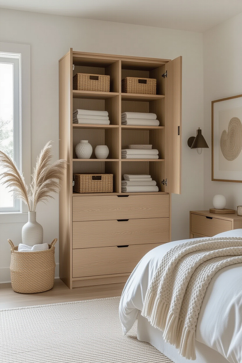 Almirah with creative storage solutions in a modern bedroom