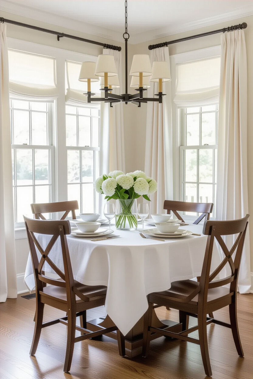 Dining room with elegant table linens and curtains.