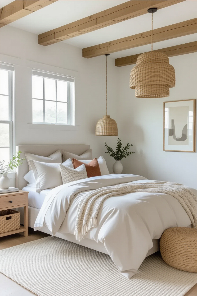 Loft bedroom with layered bedding