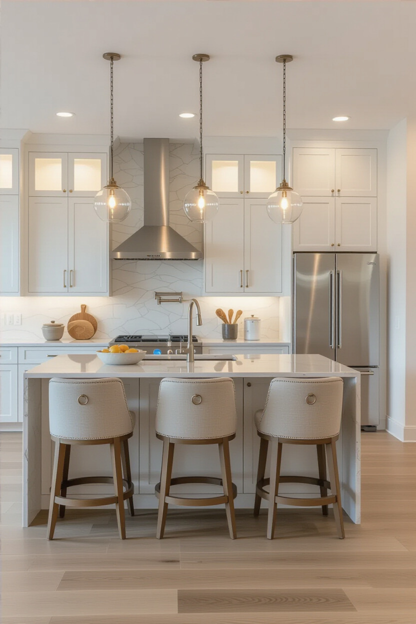 Kitchen with layered lighting design for ambiance
