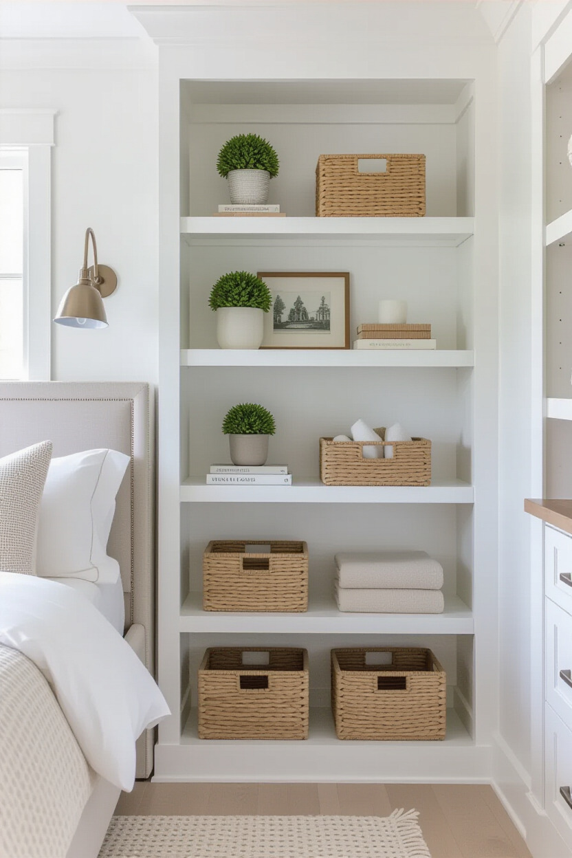 open shelving with curated decor for cozy master bedrooms making waves right now