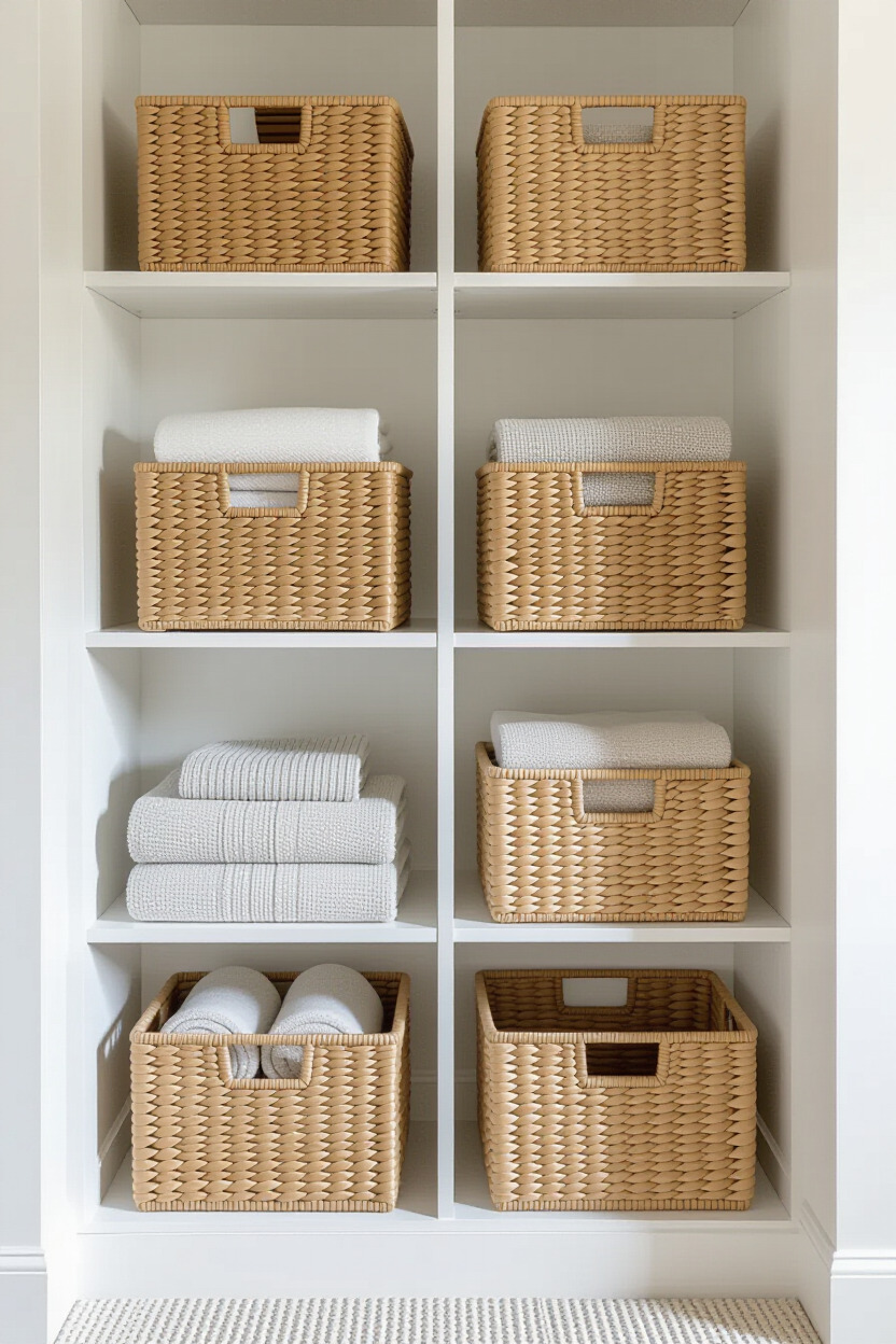 Soft storage baskets in a bedroom