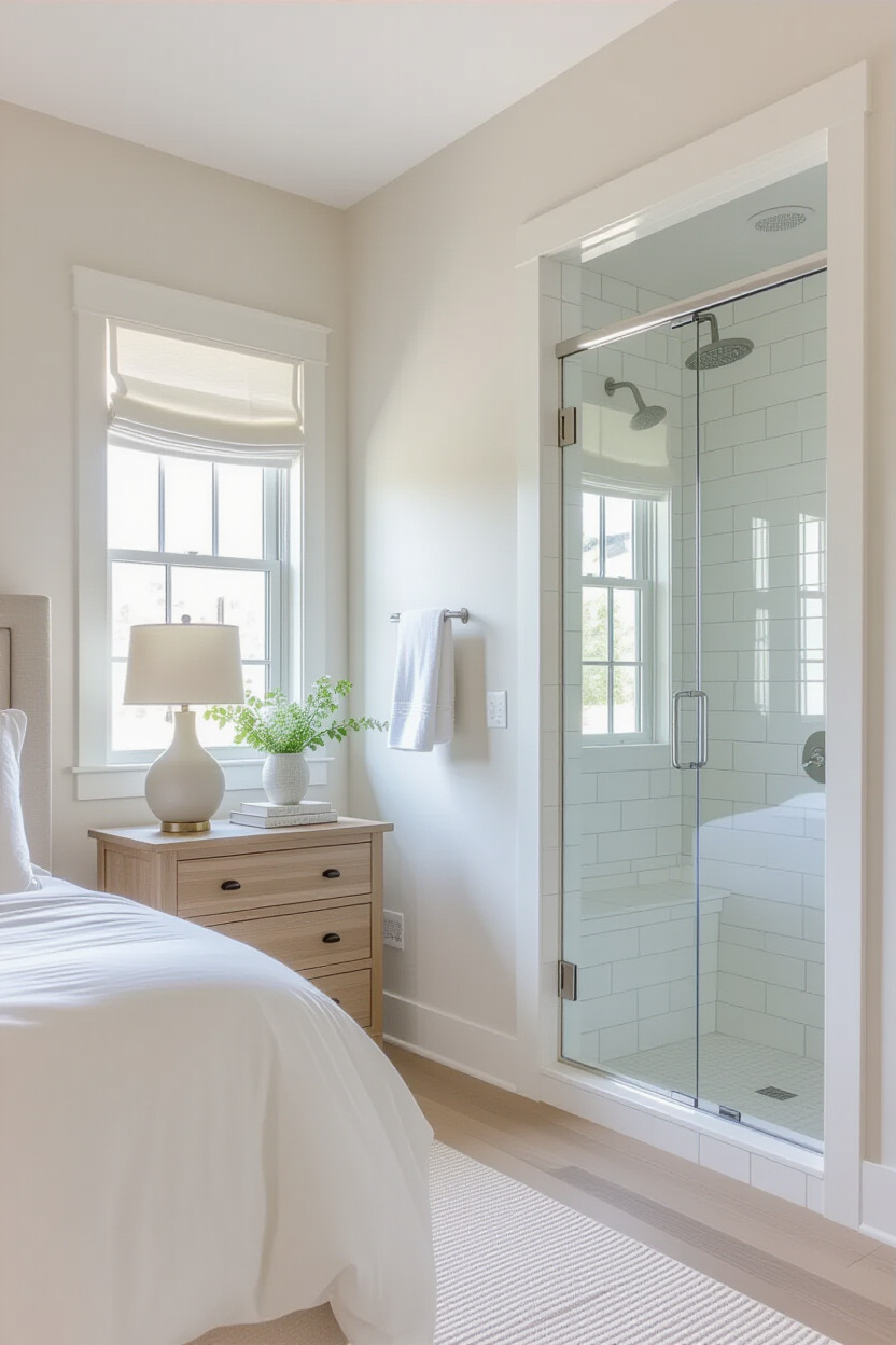 Soft decor elements connecting bedroom to bathroom