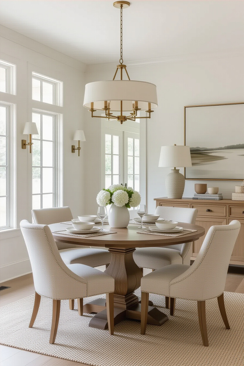 Dining room with layered lighting options including sconces and table lamps.