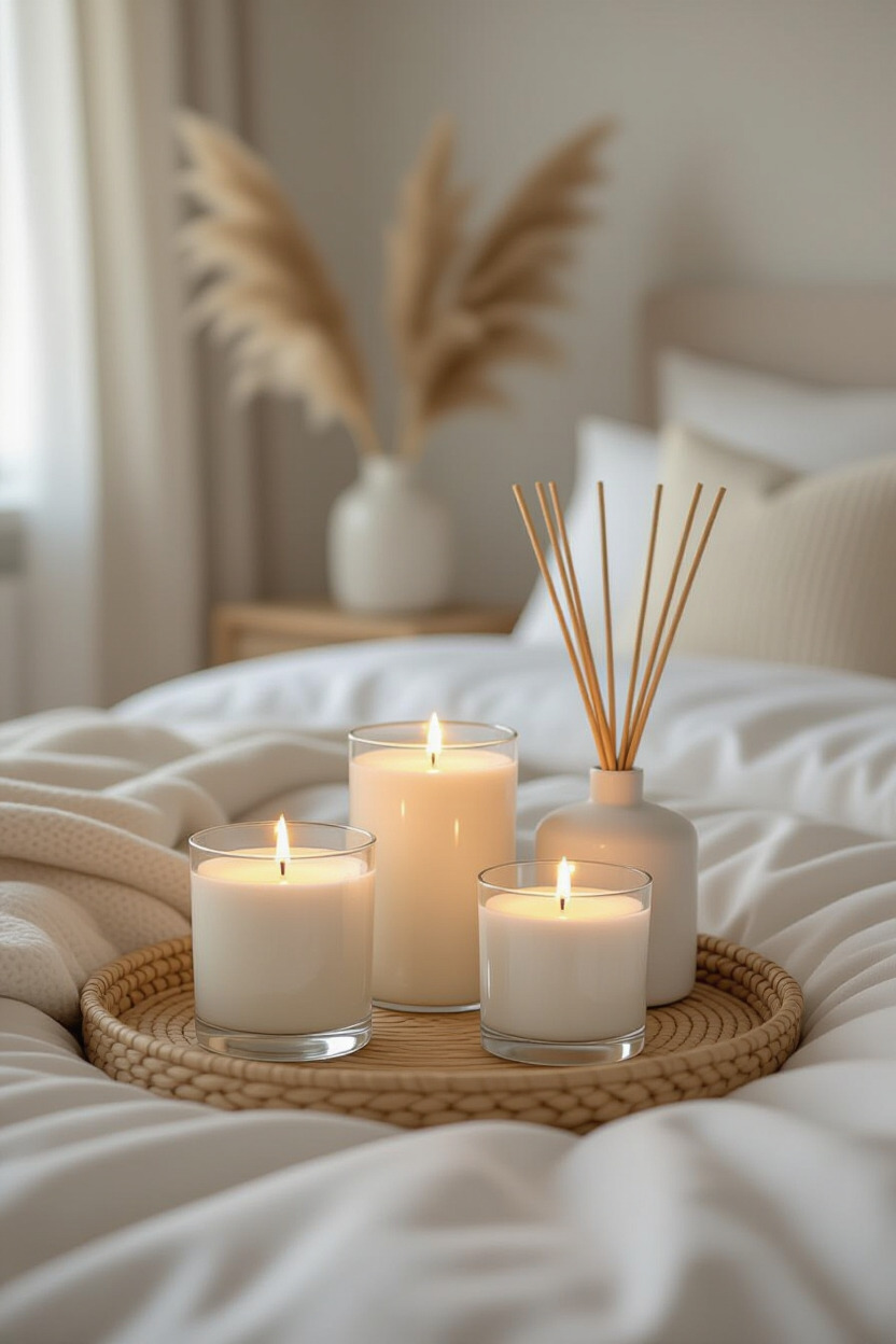 Scented candles in a soft bedroom