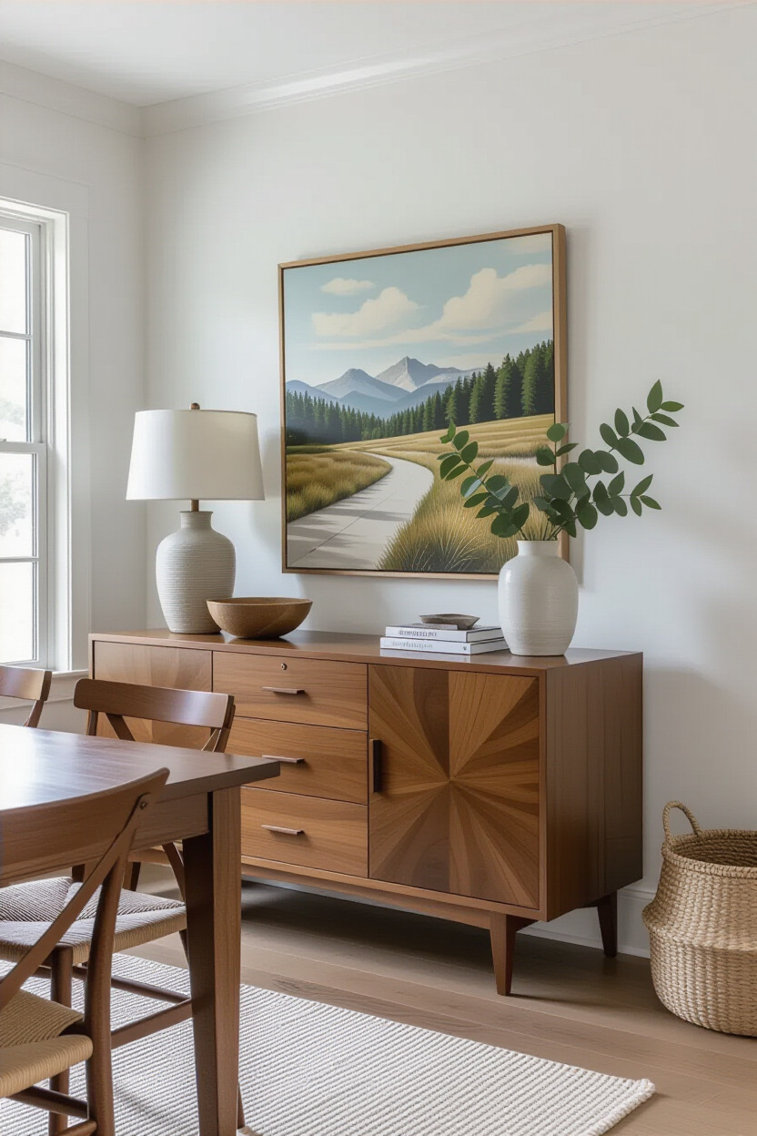Dining room with functional storage options like a sideboard.