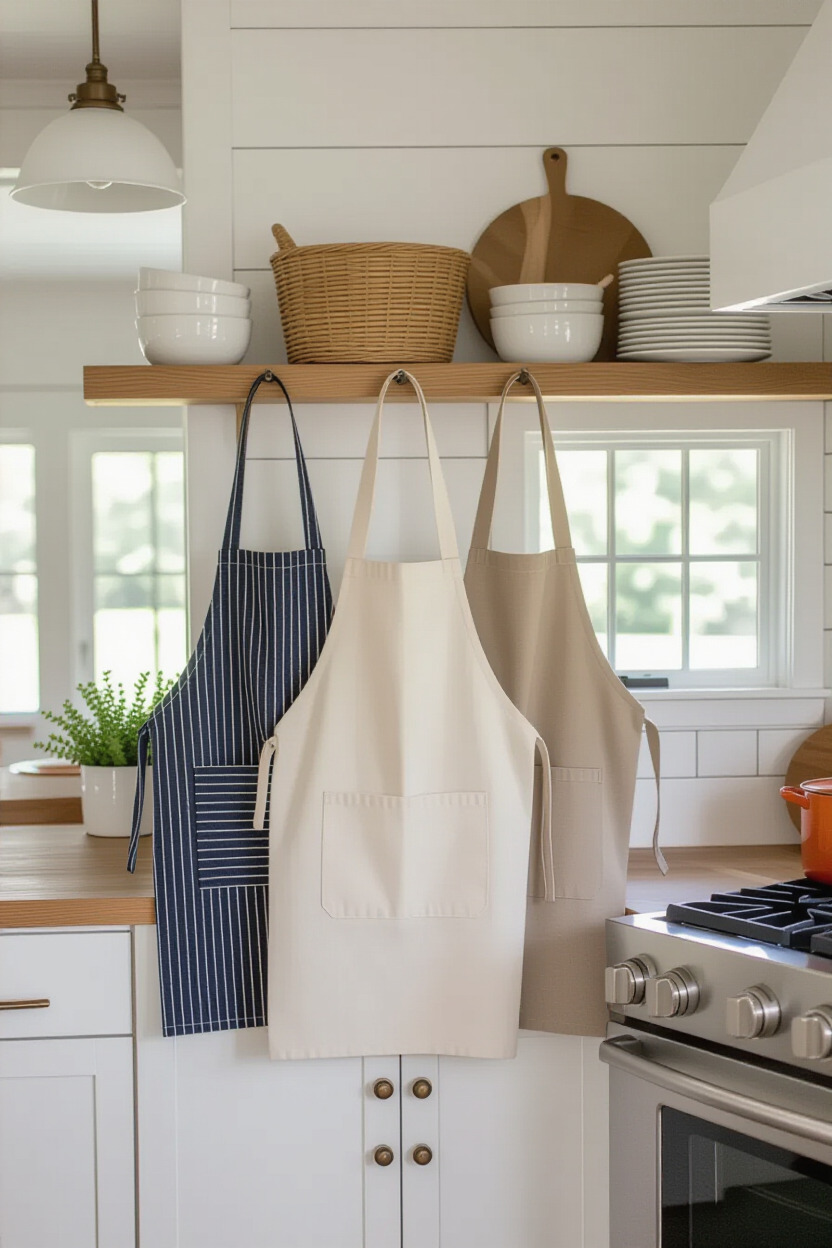 Customized aprons hanging in a kitchen