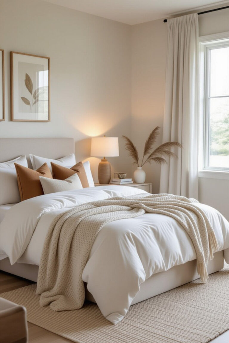 Cozy bedroom interior with soft textures and warm lighting