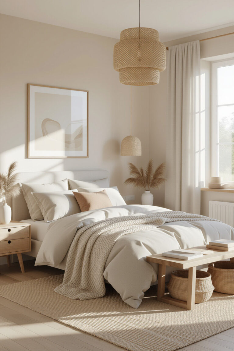 Warm minimalist bedroom decor with soft colors and simple furnishings.