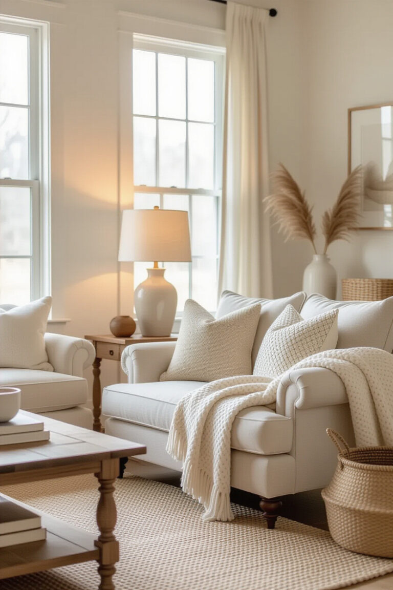 Warm cozy room aesthetic with soft textiles and inviting decor