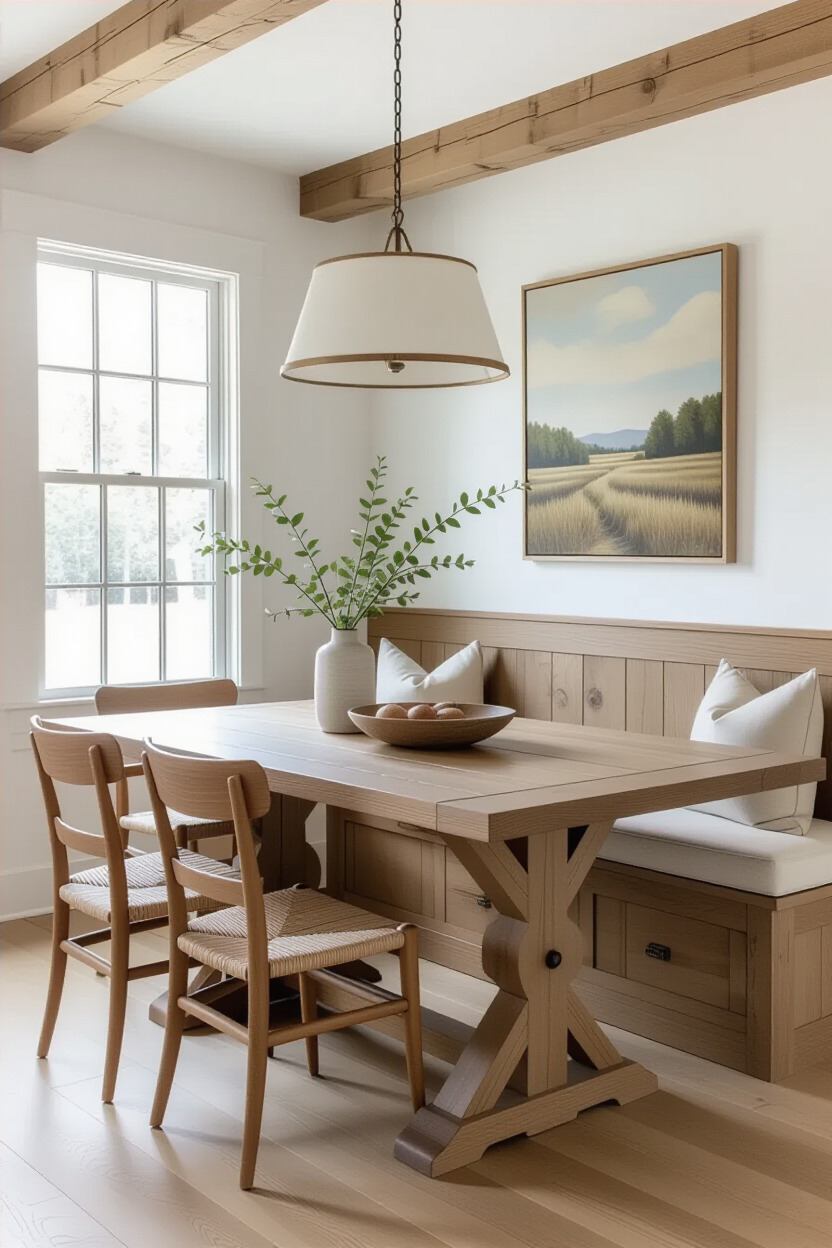 Cozy dining room with wood accents and soft lighting.
