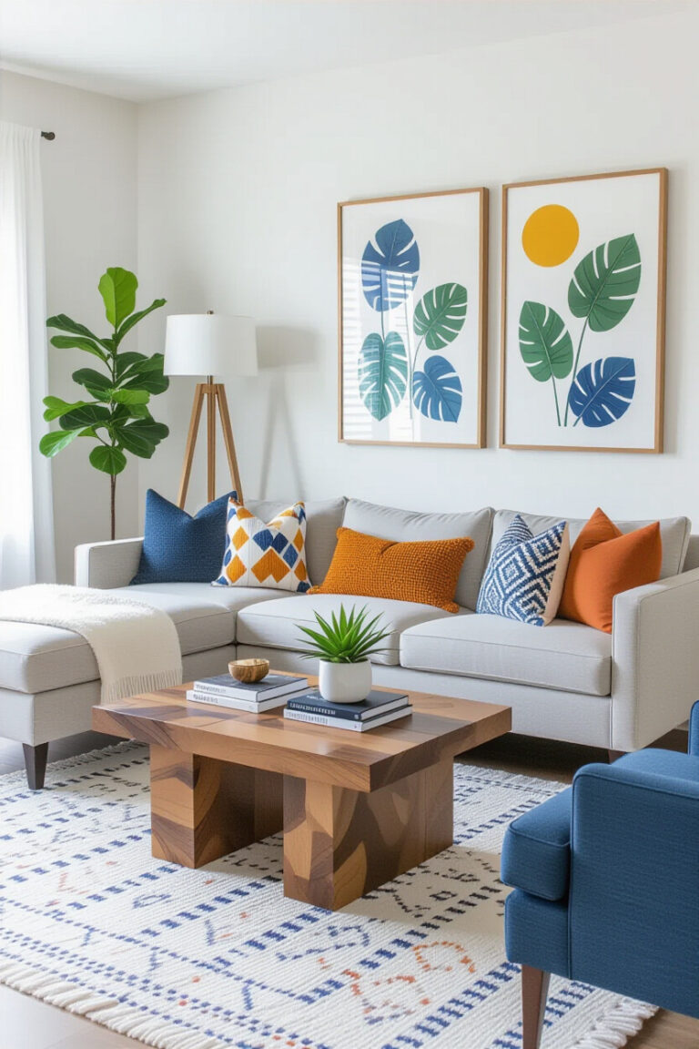 Stylish first apartment decor with modern furniture and vibrant accents