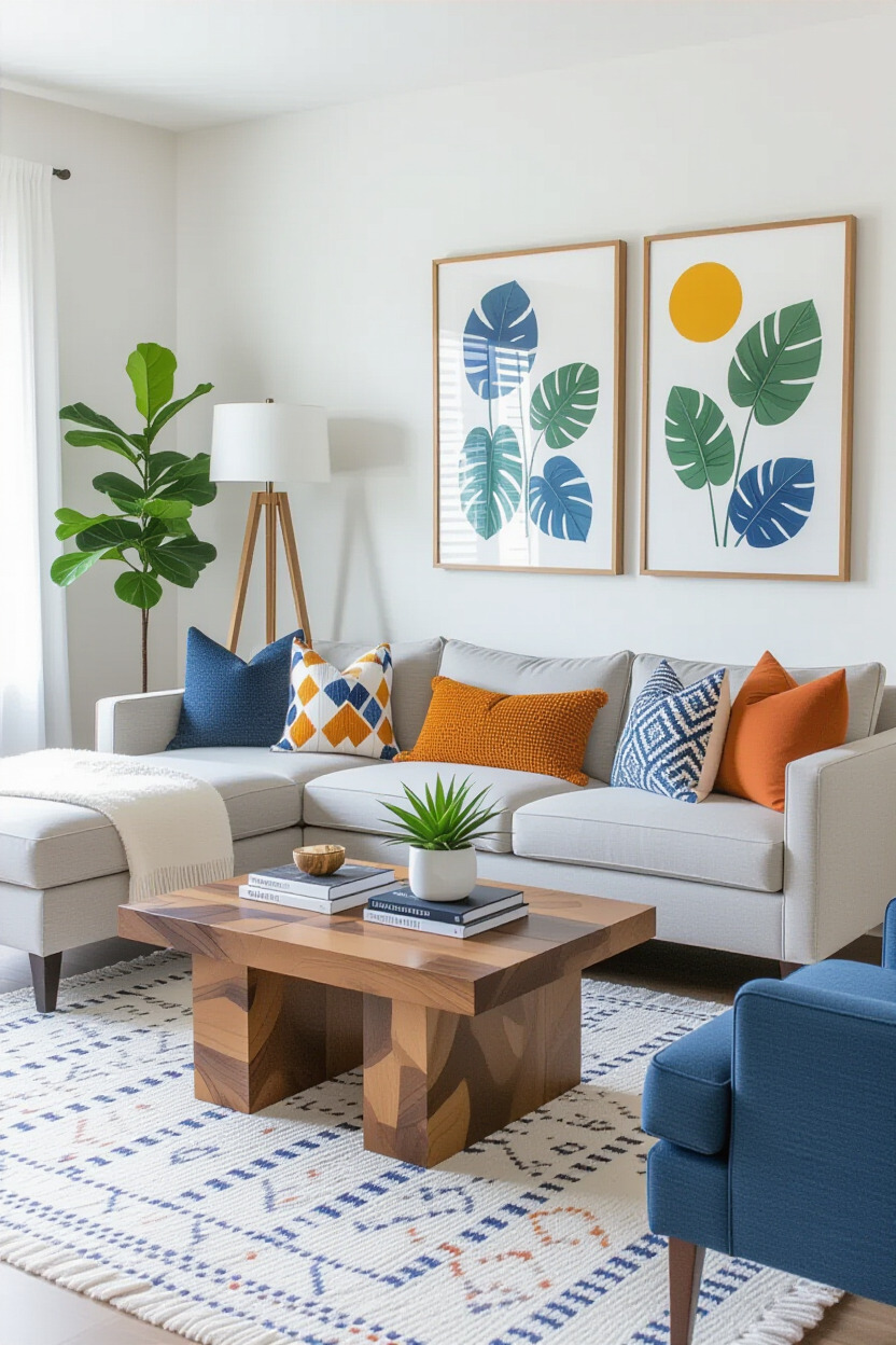 Stylish first apartment decor with modern furniture and vibrant accents
