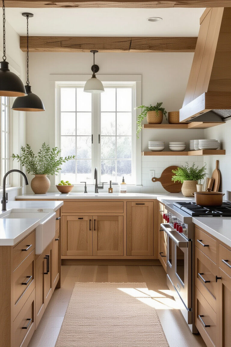 Stylish earthy kitchen with wooden accents and plants