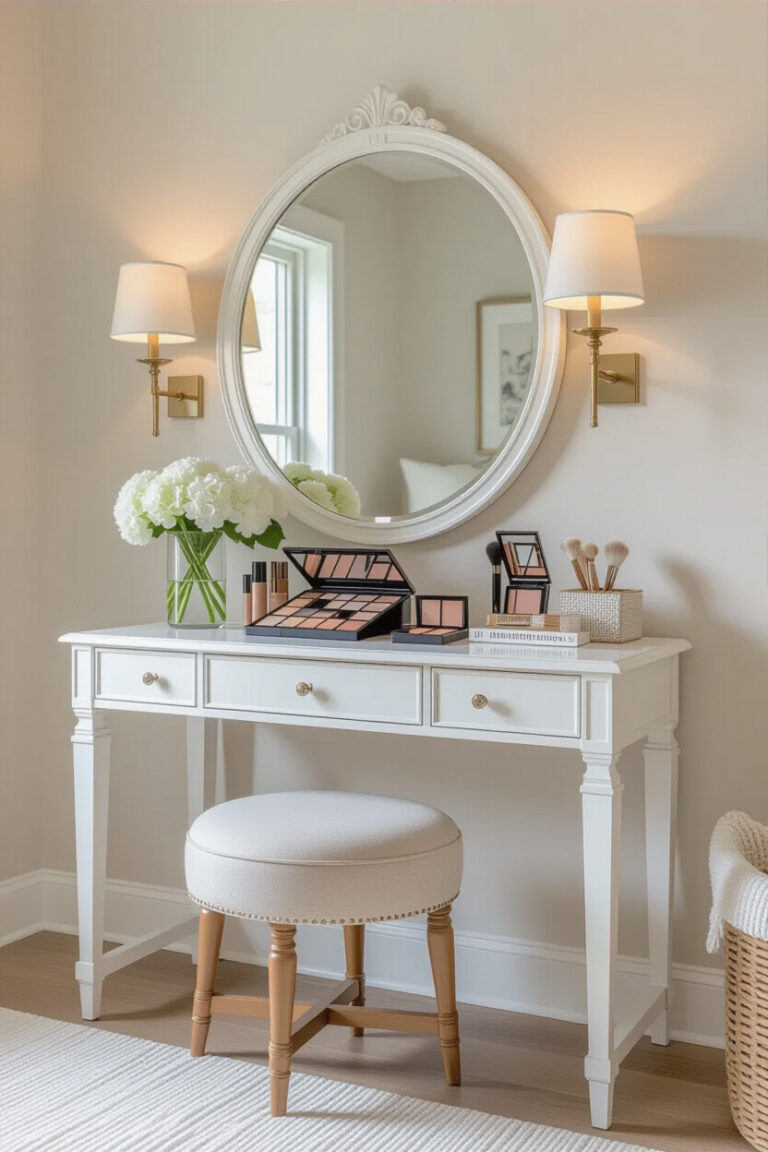 Elegant makeup dressing table with mirror and accessories