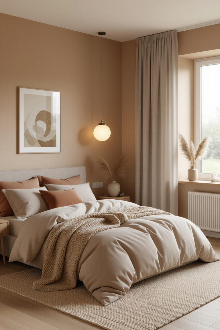 Cozy bedroom with warm tones and soft bedding