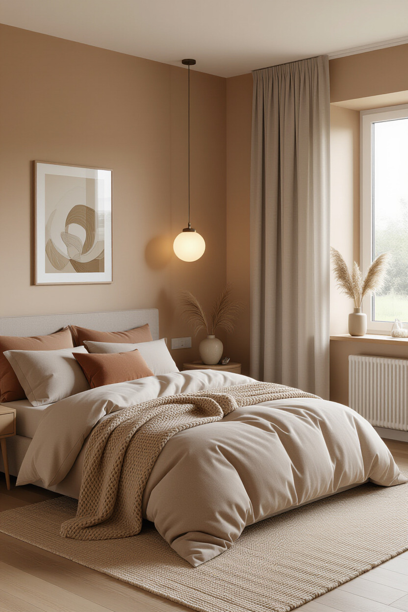 Cozy bedroom with warm tones and soft bedding