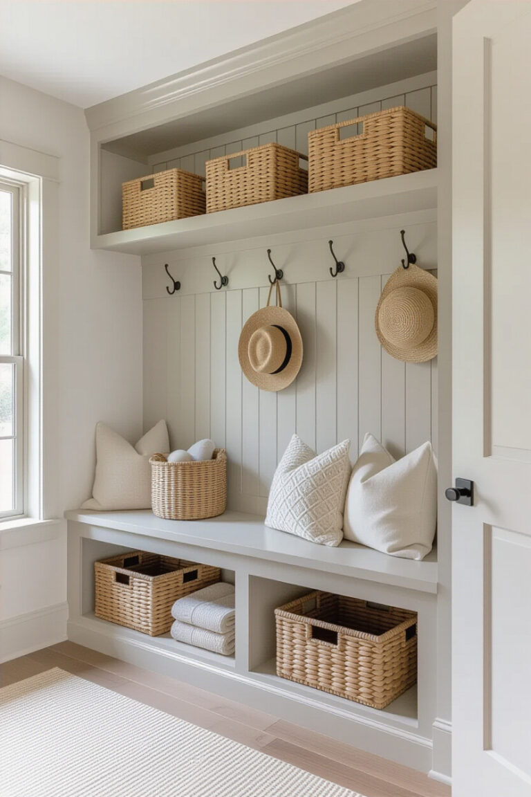 Stylish mudroom decor with storage and organization
